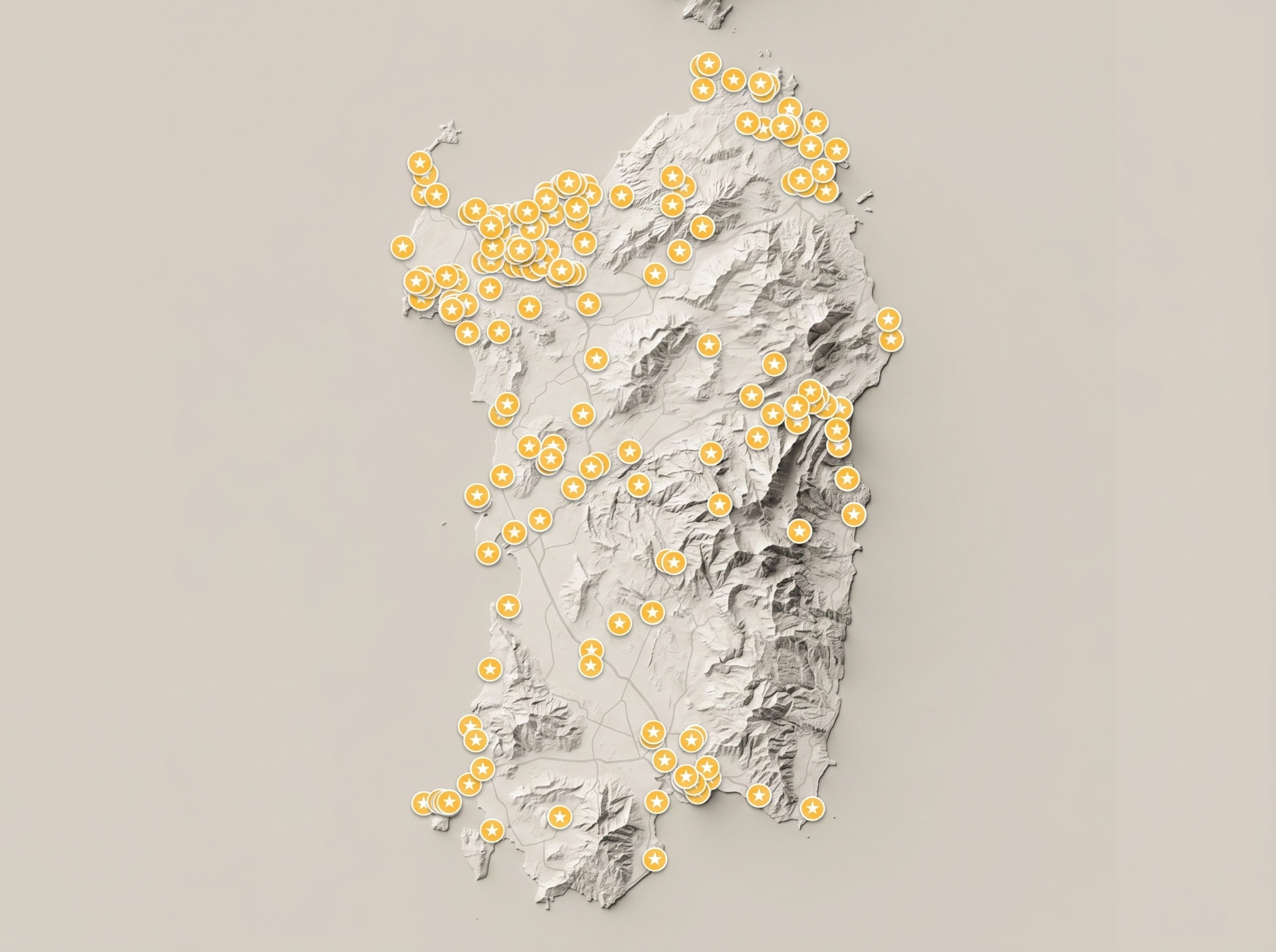 A relief map of Sardinia with 140+ hand-picked locations marked across the island