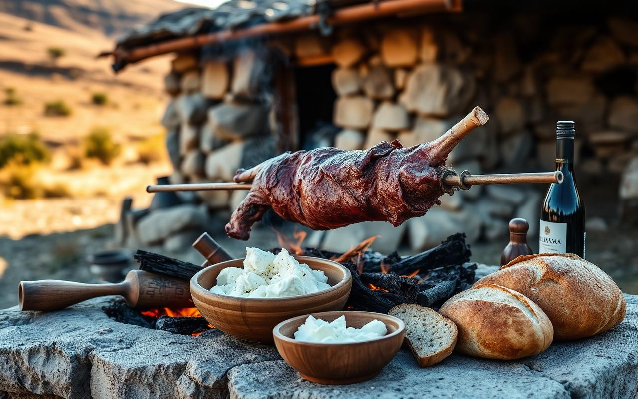 A shepherd's ovile: roast lamb on a spit over embers, fresh ricotta, carasau bread, a bottle of Cannonau.