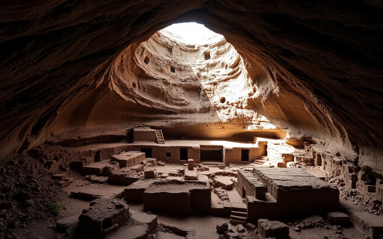 The hidden nuraghic village of Tiscali, built inside a collapsed mountain crater, sunlight pouring in.