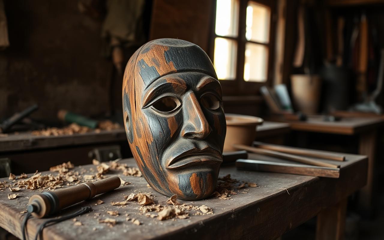 A carved wooden mamuthones mask on a workbench in a Mamoiada workshop, chisels and wood shavings around it.