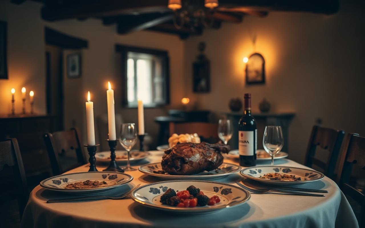 A candle-lit dinner table set inside a private home in Gavoi: hand-painted plates, roast lamb, Cannonau wine.