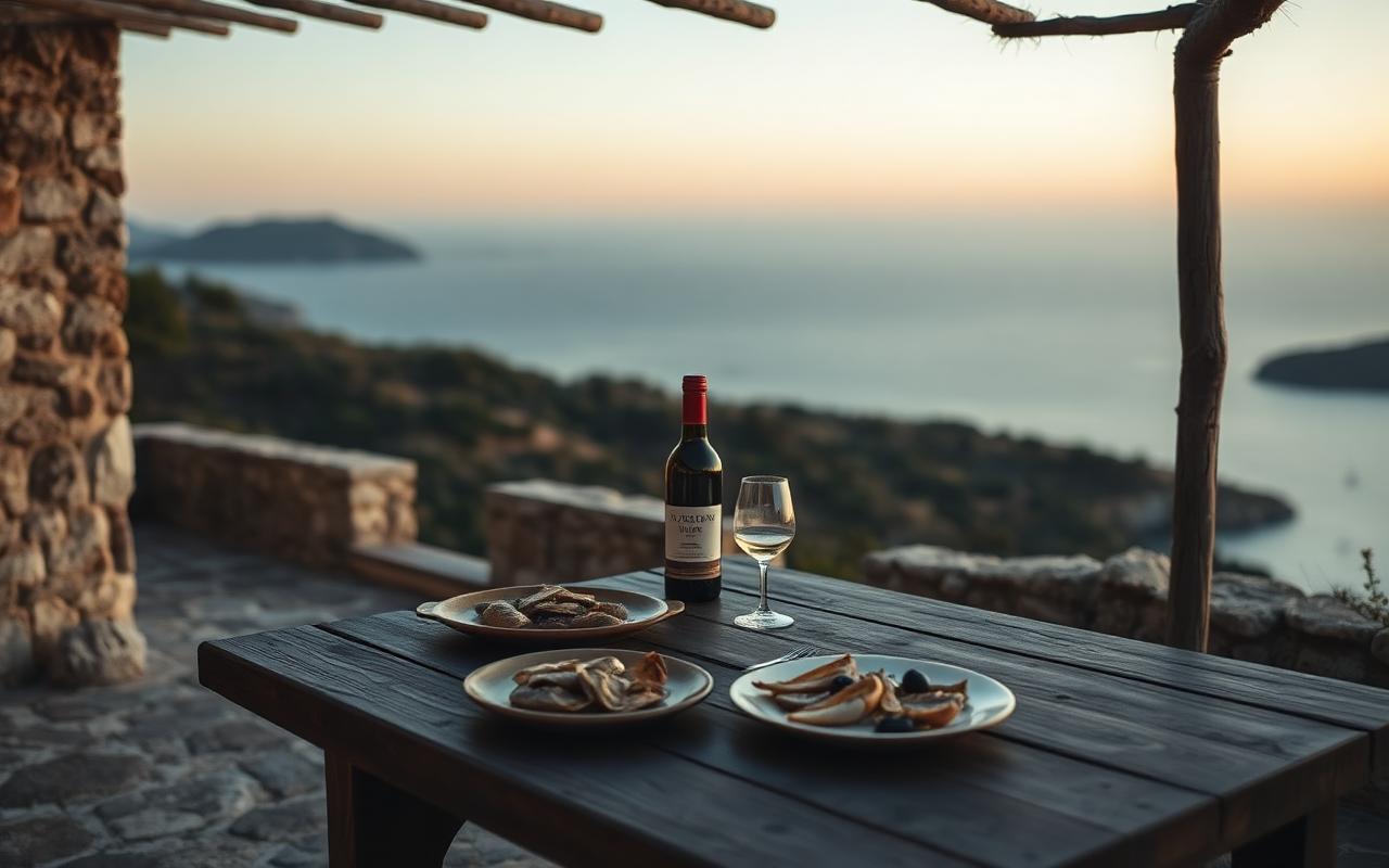 A wooden table on a stone terrace above Porto Istana at dusk, set with Vermentino and bottarga.