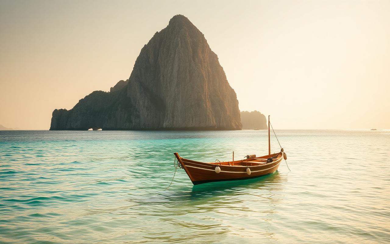 A classic wooden gozzo at anchor beside the limestone monolith of Tavolara, in turquoise water.