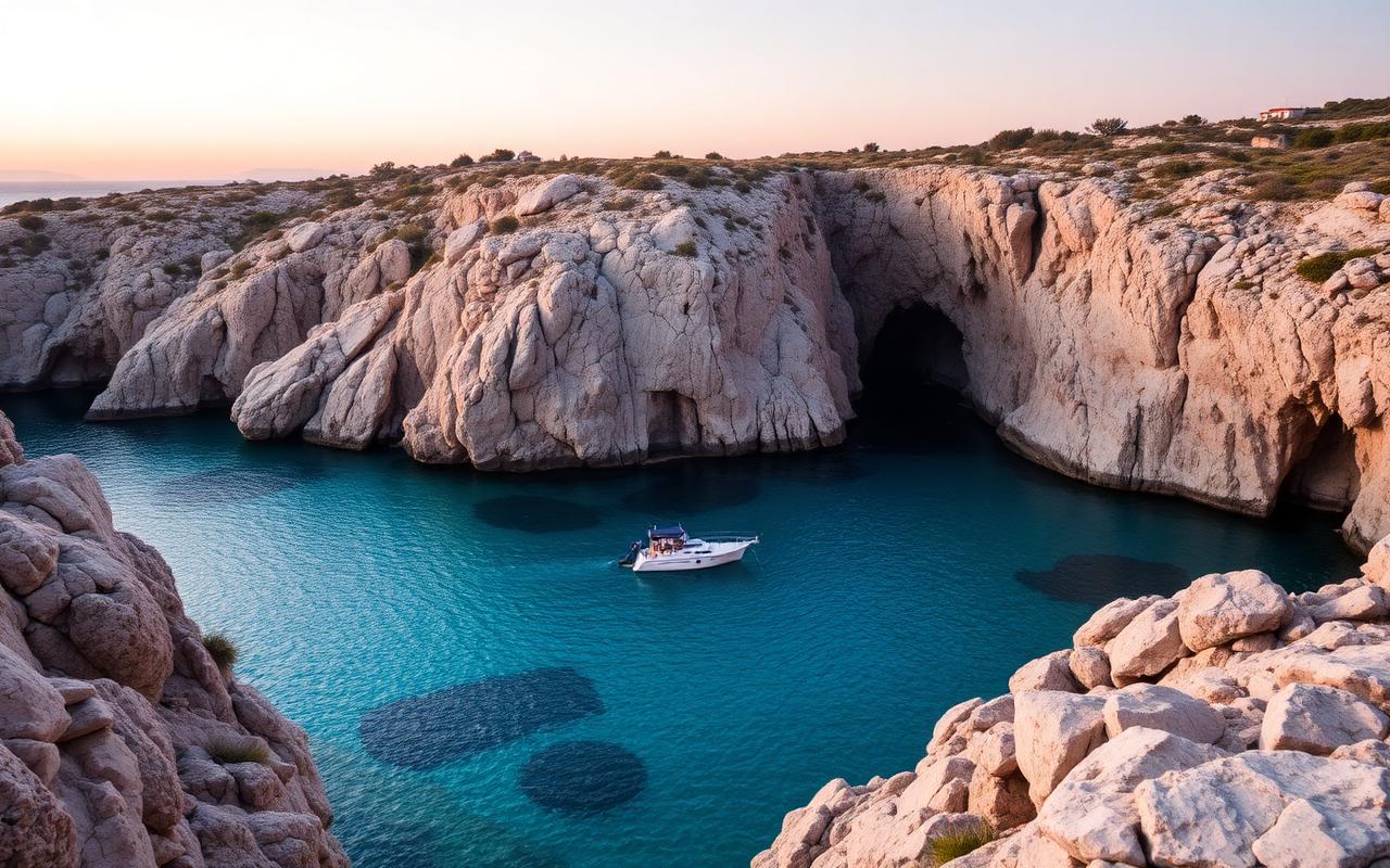 The hidden cove of Cala Coticcio at sunrise, granite framing impossibly clear water, a single tender at anchor.