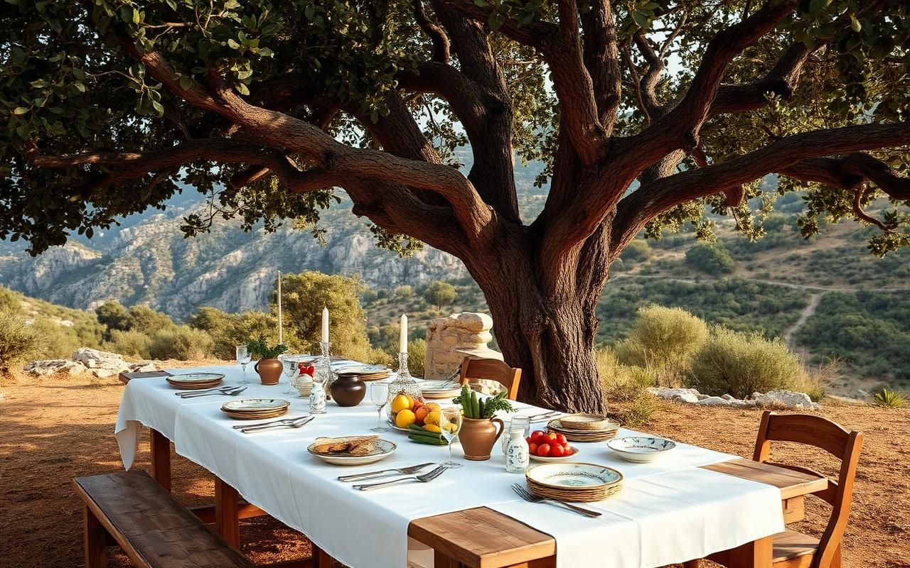 A long wooden table laid under a fig tree above San Pantaleo, hand-painted ceramics and a bottle of Cannonau.