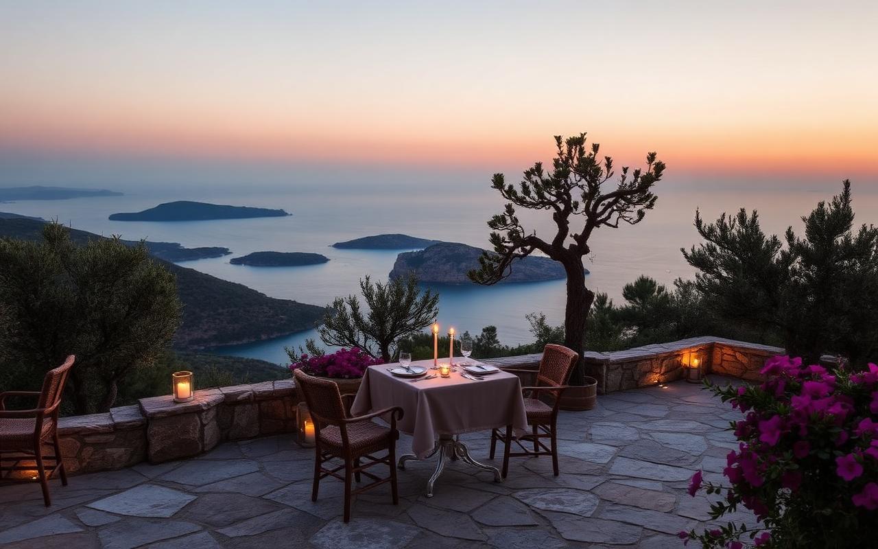 A candle-lit private dinner table on a granite ridge above the Costa Smeralda at sunset.