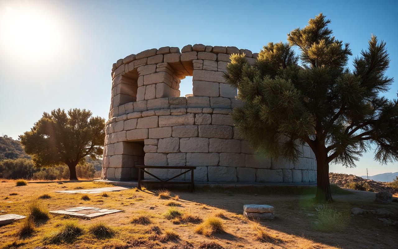 An ancient Sardinian nuraghe stone tower under noon sun, cork oaks alongside.