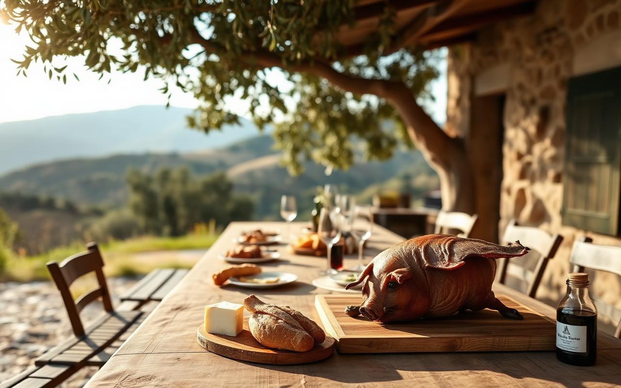 A shepherd's stazzo above Arzachena: roast suckling pig on a wooden board, pecorino and Cannonau.