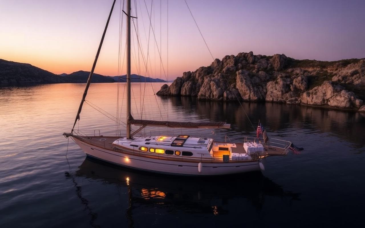 A classic wooden ketch at anchor in a quiet granite cove near Cannigione at dusk.