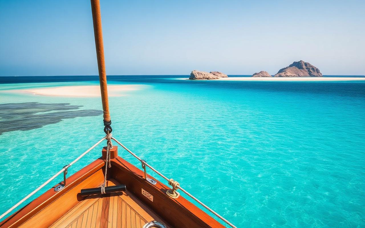The pink beach of Budelli seen from a wooden boat: turquoise water, granite islets in the distance.