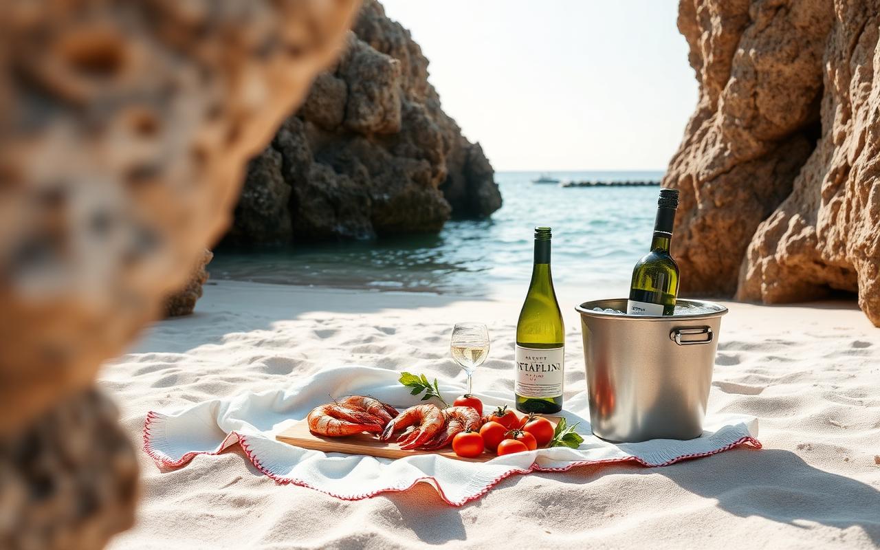 A picnic on a small unnamed beach: grilled prawns, fresh tomatoes, a chilled bottle of Vermentino.