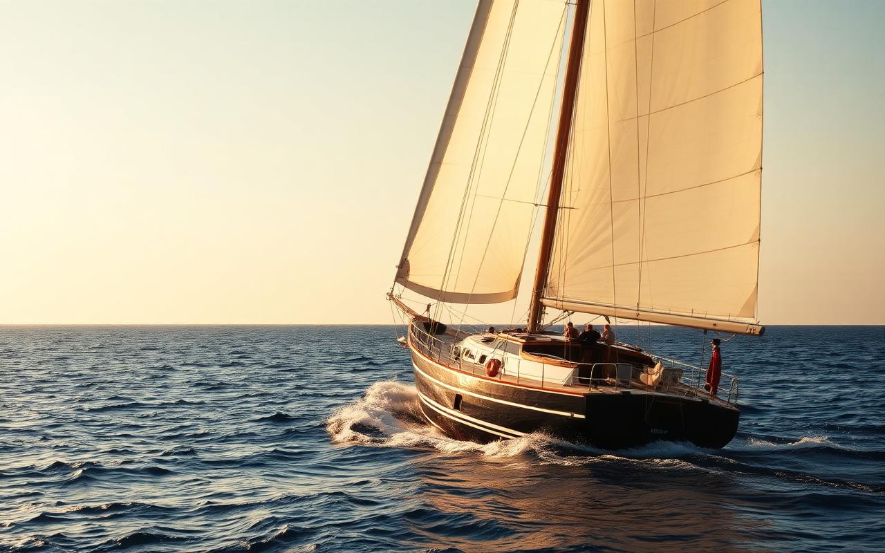 A classic ketch under full sail crossing the Mediterranean off Sardinia's north coast, golden afternoon light.