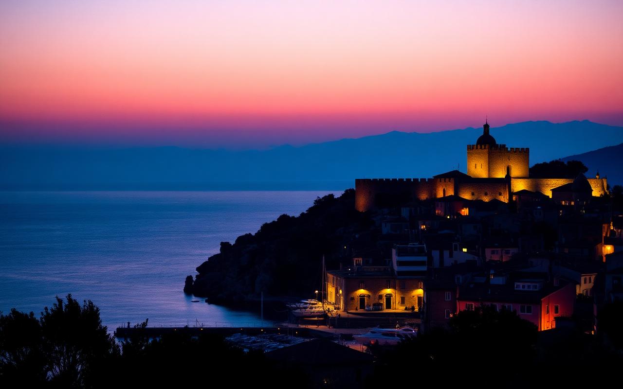 The medieval hilltop town of Castelsardo at twilight, the Doria castle silhouetted against a pink sky.