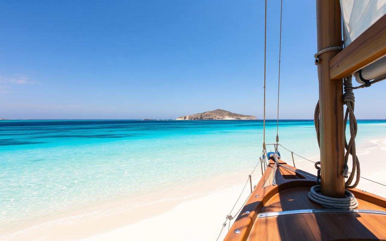 La Pelosa beach seen from a wooden sailboat: white sand, turquoise water, Asinara on the horizon.