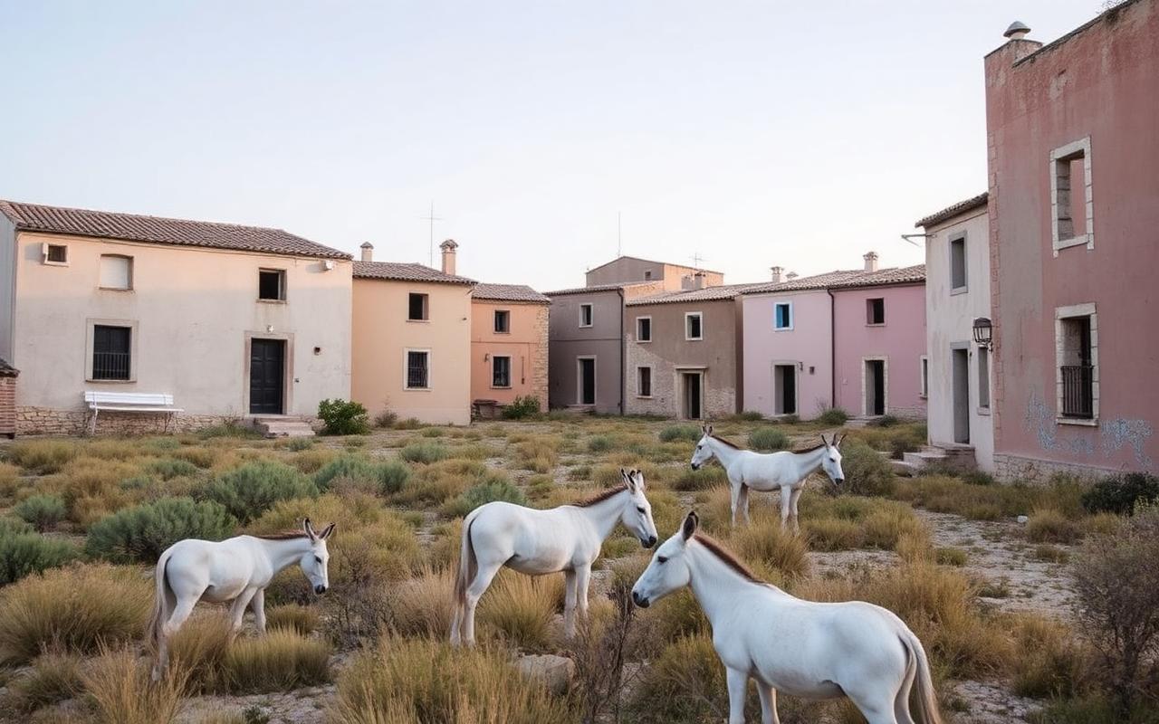 The abandoned pastel village of Cala d'Oliva on Asinara, with the island's wild white donkeys grazing.