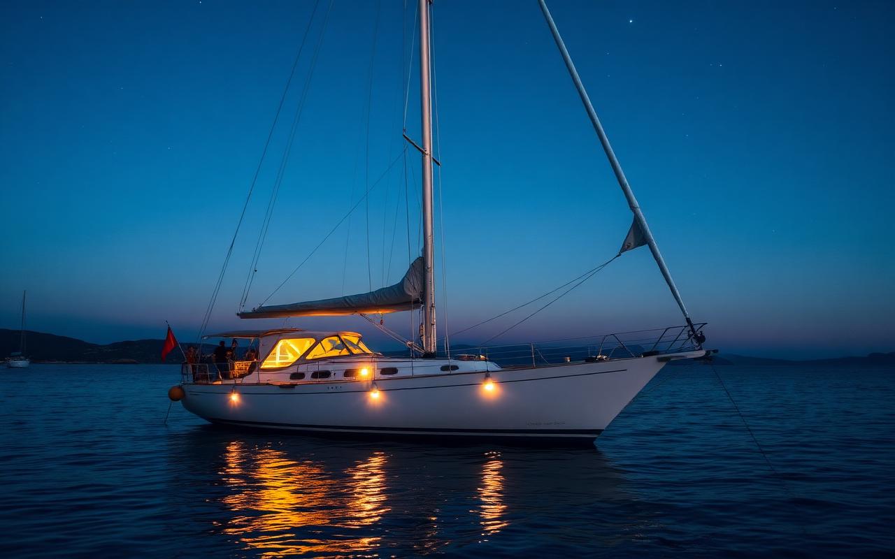 A ketch at anchor under a deep blue night sky off Asinara, warm cabin lights glowing on calm water.