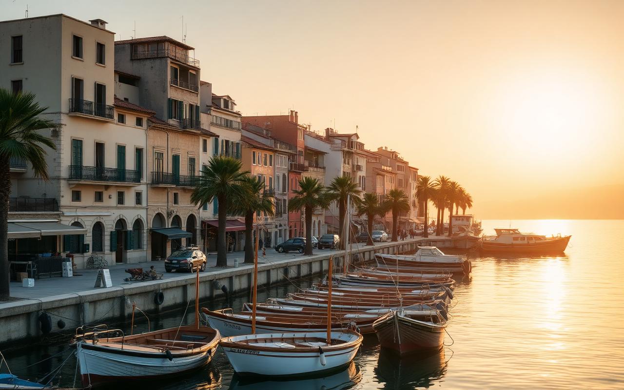 The Catalan harbor of Alghero at sunrise, pastel facades and small wooden boats moored along the seawall.